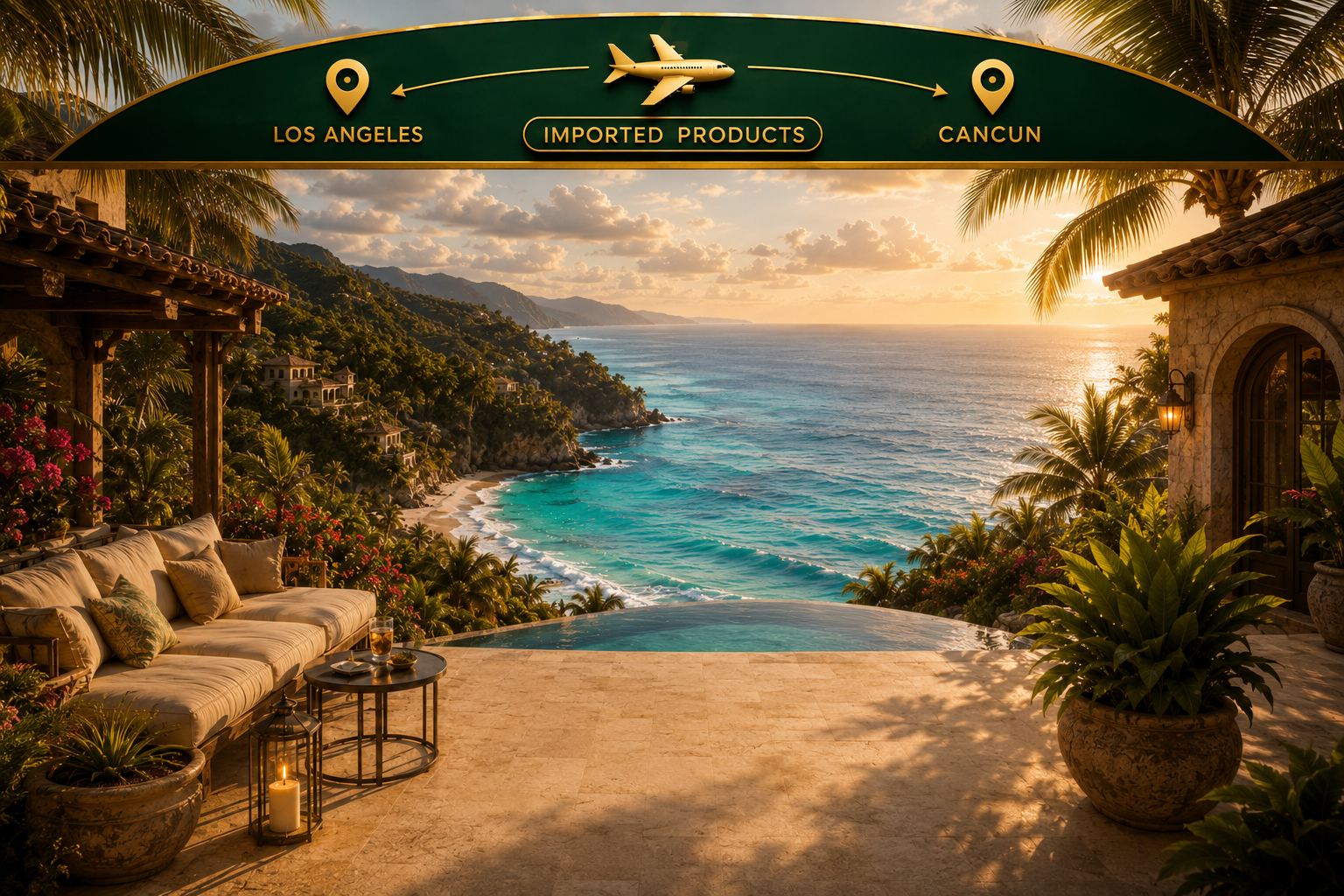 Los Angeles to Cancun imported products — luxury infinity pool over the coast